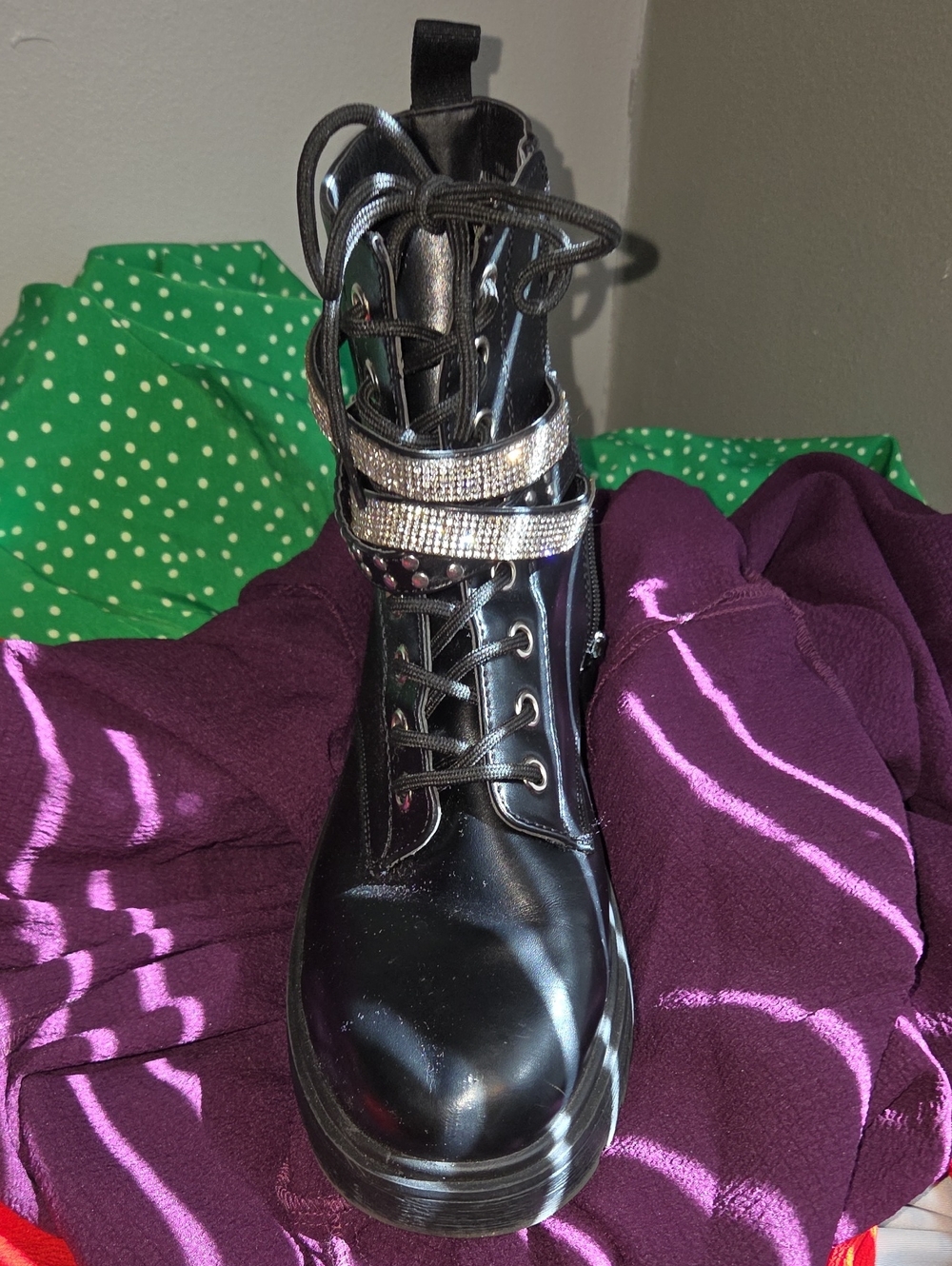 Black Women's Faux-Leather Combat Boot with Rhinestone Strap
